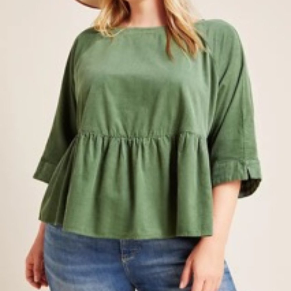 Anthropology - Maeve Maria Babydoll Blouse - Green Peplum Corduroy Top - L